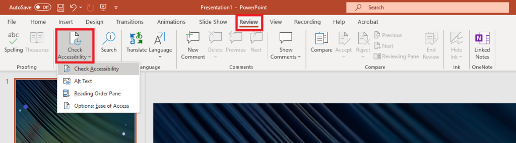 Screenshot showing how to use the ‘Check Accessibility’ feature in Microsoft PowerPoint by clicking ‘Review’ button in the header ribbon, then selecting ‘Check accessibility’ from the dropdown menu.