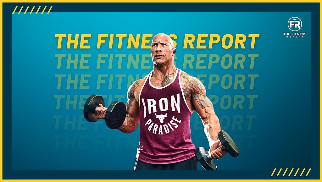 The Rock in a red tank top doing bicep curls