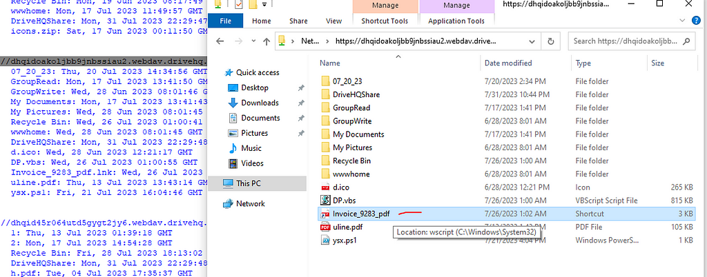 Screenshot showing an accessible malicious lnk file.