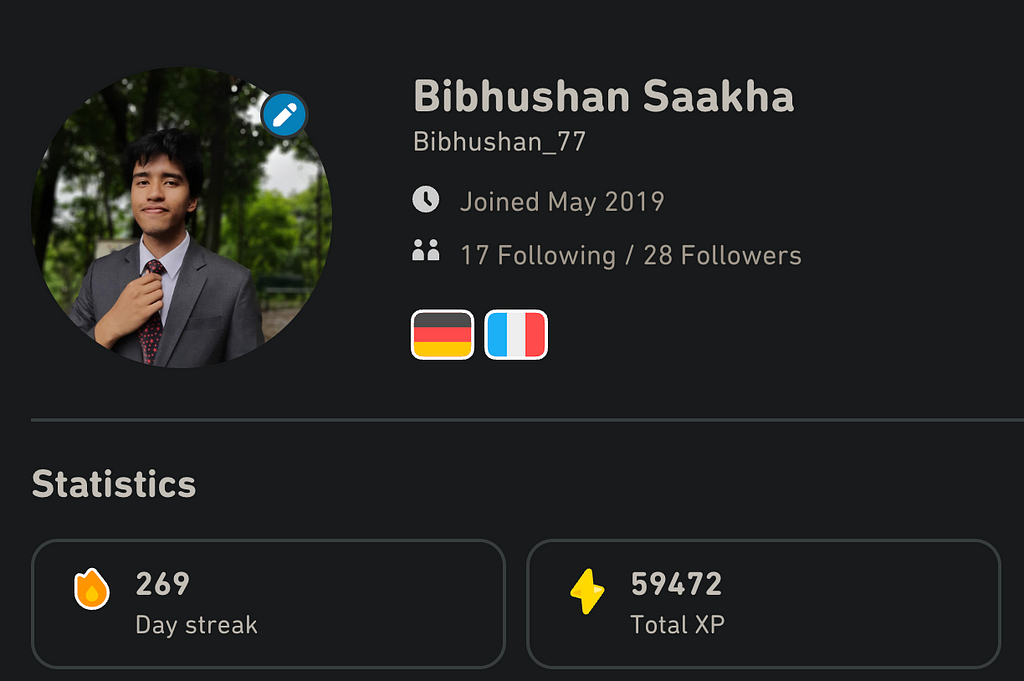 Duolingo profile of Bibhushan Saakha showing the 269 days streak as of 22nd December, 2022