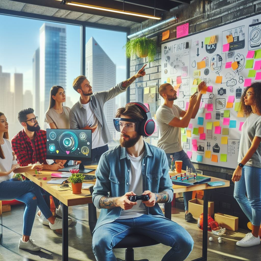 The photo shows the process of creating and testing gamification. The action takes place in an office bathed in the rays of the evening sun. A team of employees, mostly young people. Some of them place sticky notes on the board.