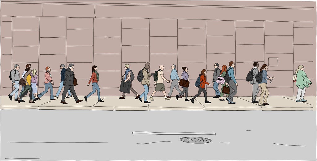 An illustration of people walking along a pavement in a city.