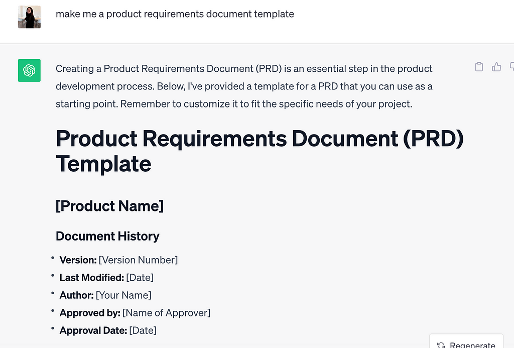 This is ChatGPT giving a template idea to someone asking for a product requirements document template