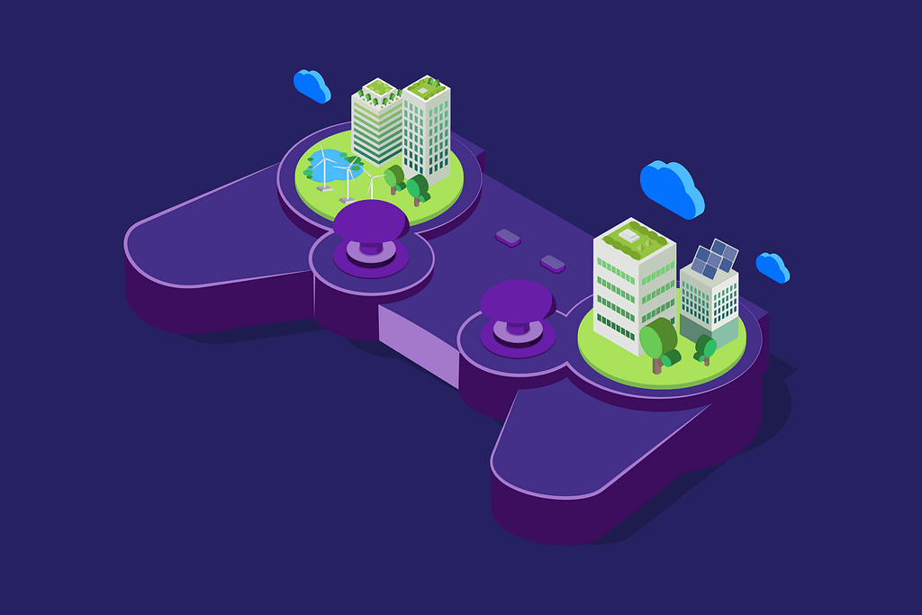 An isometric video game controller with green cities instead of buttons