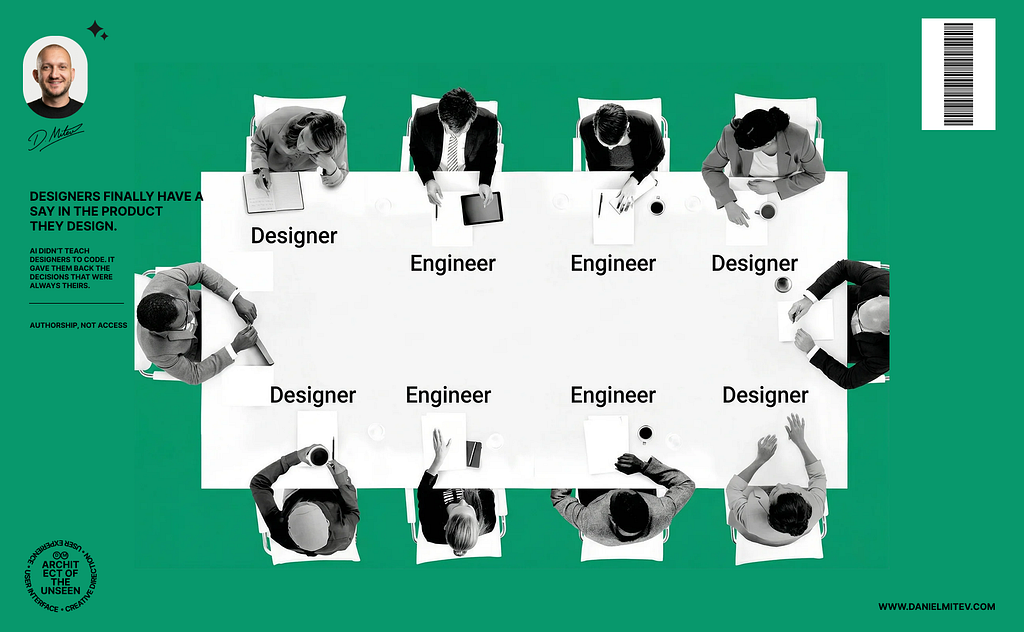 Top-down view of a meeting table with people labeled as designers and engineers, highlighting role distribution and decision ownership in product development.