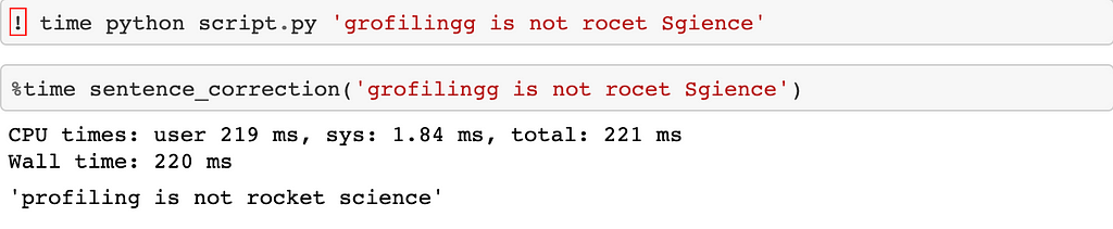 Norvig’s spelling corrector showing the performance times for a spelling correction