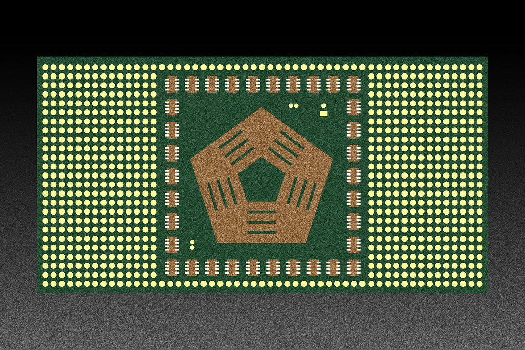 An illustration of the Pentagon ringed by computer chips and yellow dots.