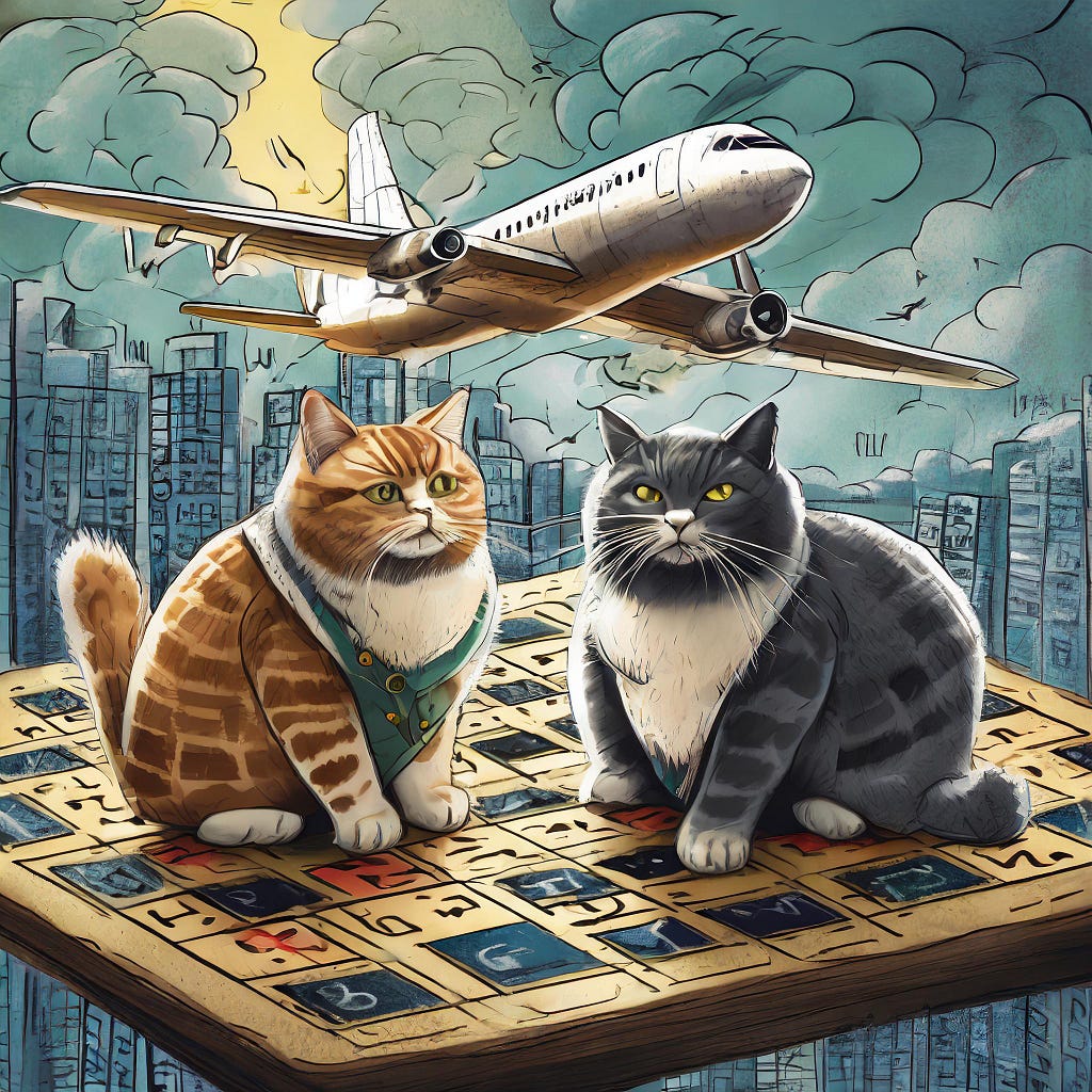 An airplane flying over fat cats on a Monopoly board.