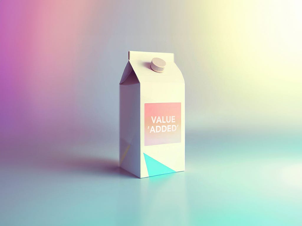 The image contains a 3D milk carton displayed on a brightly coloured website. The carton also has a label that reads ‘Value added.’