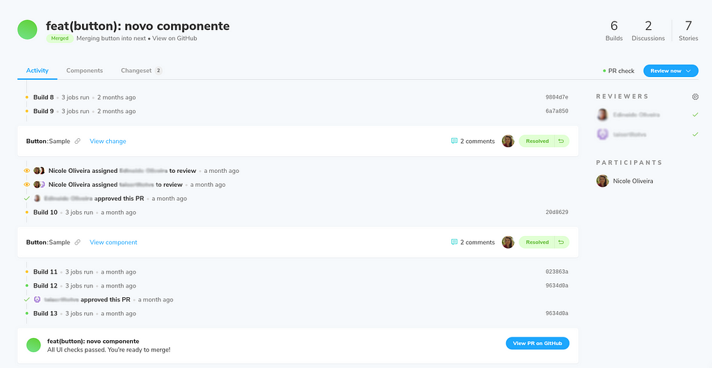 Página do Chromatic contendo a Pull Request do component button, com duas aprovações e discussões sobre o componente