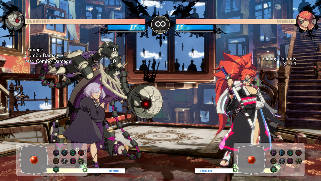 Guilty Gear Strive’s lab that depicts Bedman? fighting against Baiken. There is a health bar, burst meter, super meter, and an input reader present on screen.