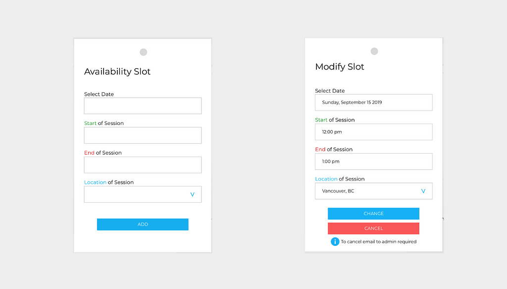 Pop-up windows for adding and modifying session times (volunteer view, desktop version)