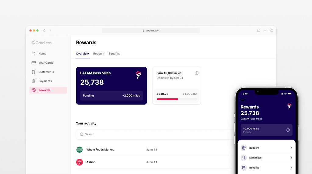 UI of the Rewards experience on mobile and web. Users see an overview of their points or miles balance, any recent activity, as well as options to view and redeem for select benefits.