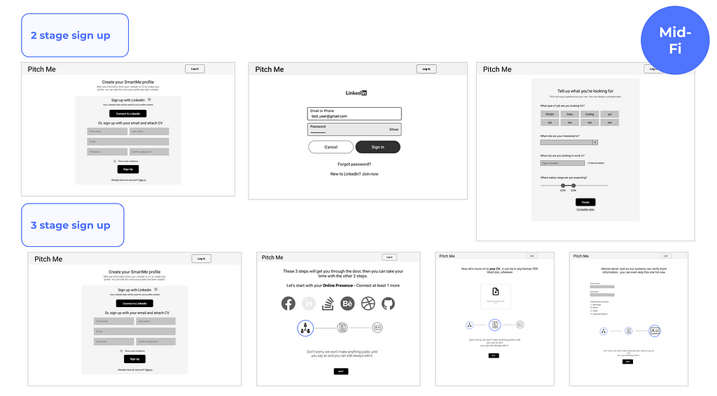 Mid-fidelity wireframes showing 1 sign up journey with 3 steps and the other with 4 steps