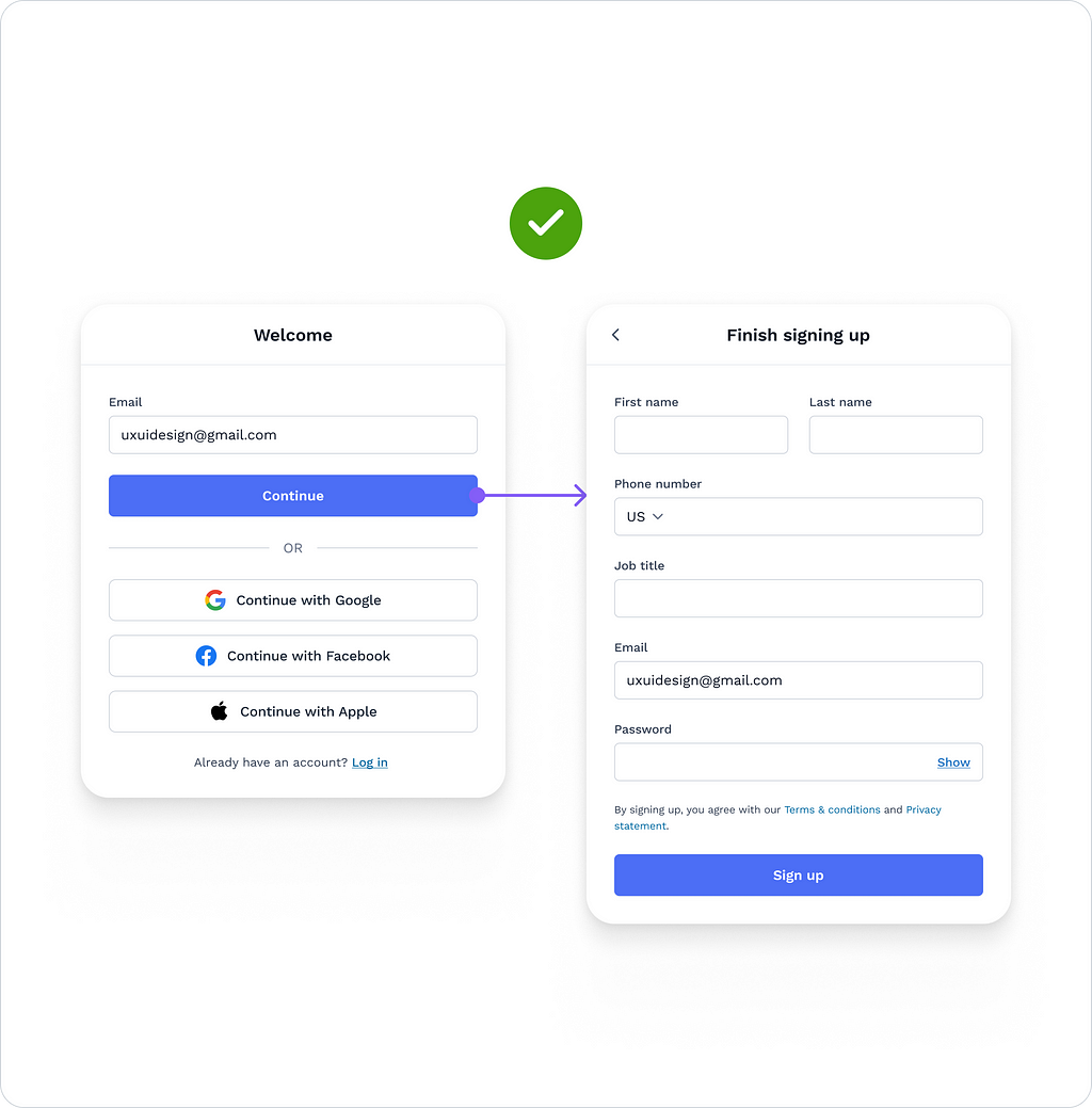 The sign-up flow is split into two steps.