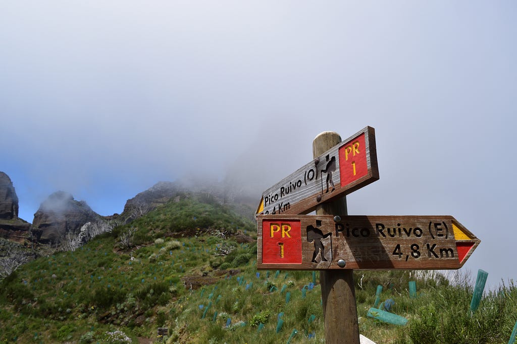A clear foreground signpost against a backdrop of clouded mountains