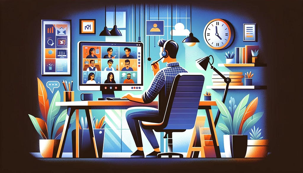 Illustration of a tech lead in a home office, conducting an online client meeting via video conference. The computer screen shows multiple clients engaged in a collaborative session, set in a professional yet comfortable home office environment, typical in the tech industry