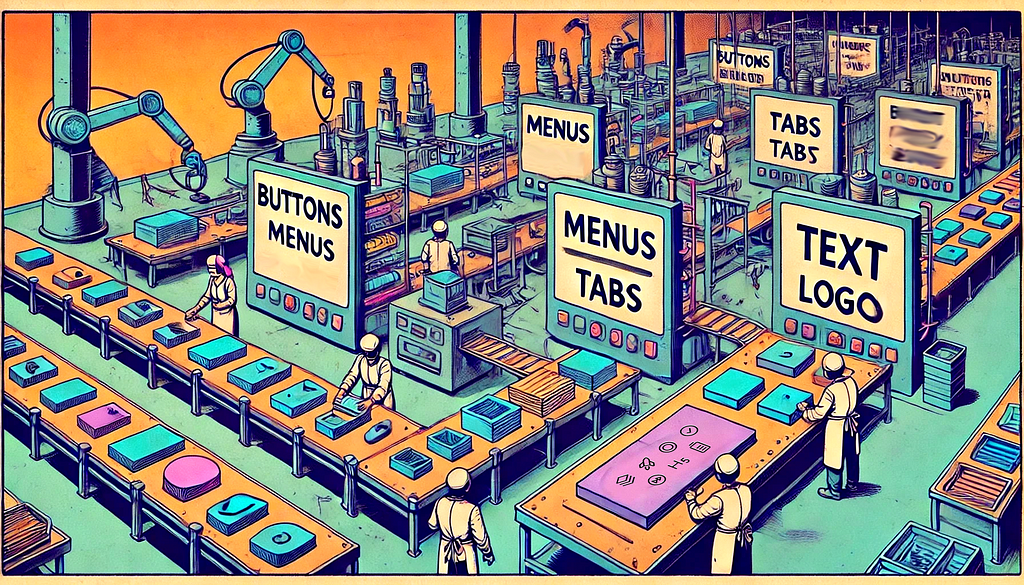 An image of a factory assembly line producing UI components, symbolizing the scalability and flexibility of design systems. Workers are meticulously crafting and assembling various design elements, highlighting the importance of scalable and adaptable design systems.