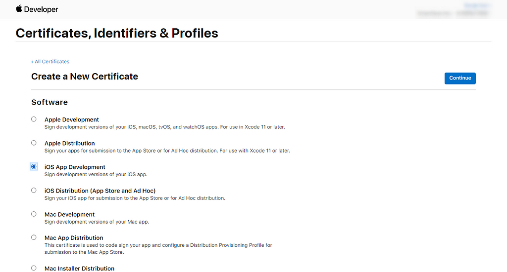 Selecting a certificate type on the new Apple Developer Portal