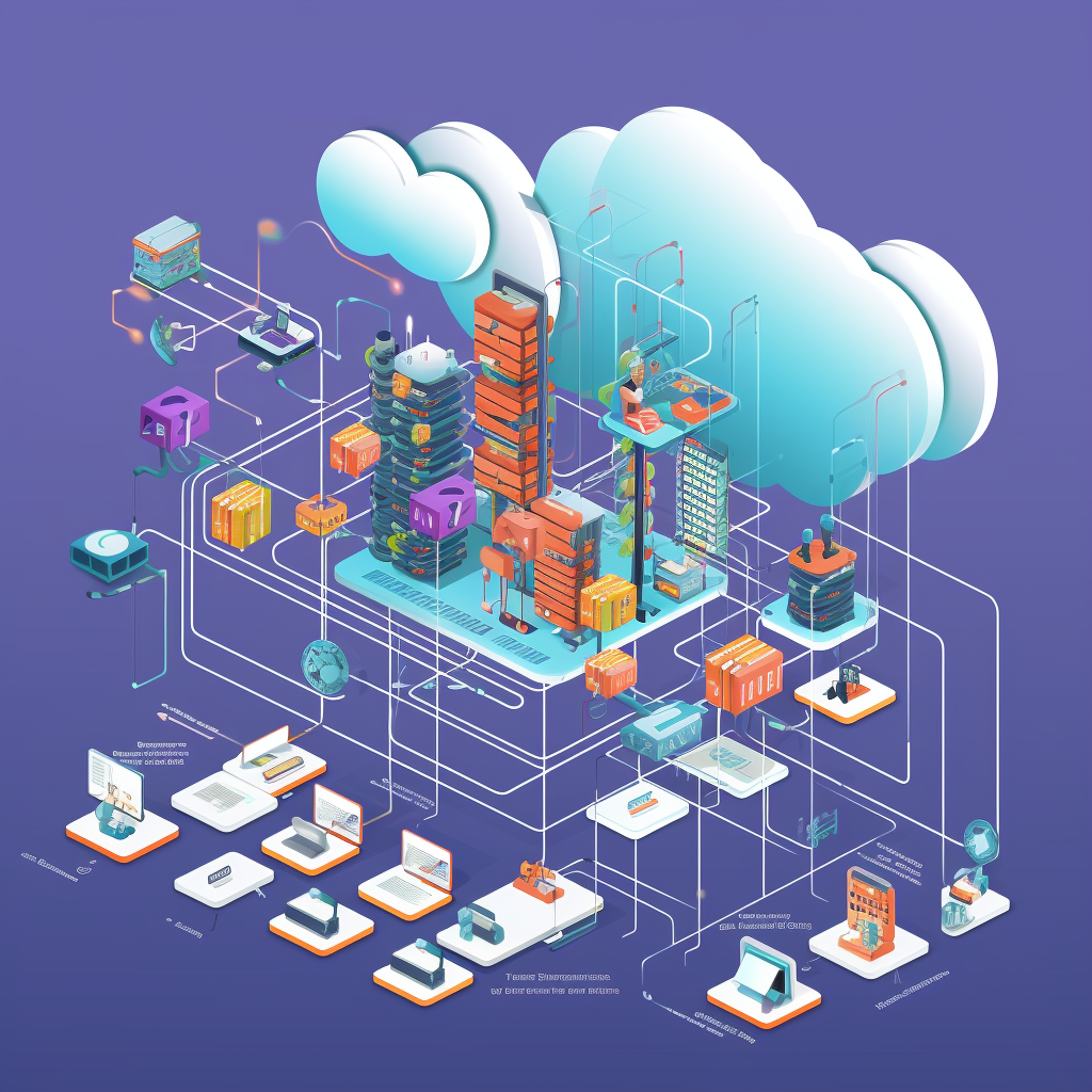 Immagine decorativa realizzata con AI generativa, computer e sistemi collegati con un data center sospeso su una nuvola
