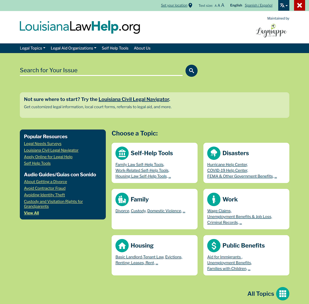 A screenshot of the new design on LouisianaLawHelp.org’s homepage
