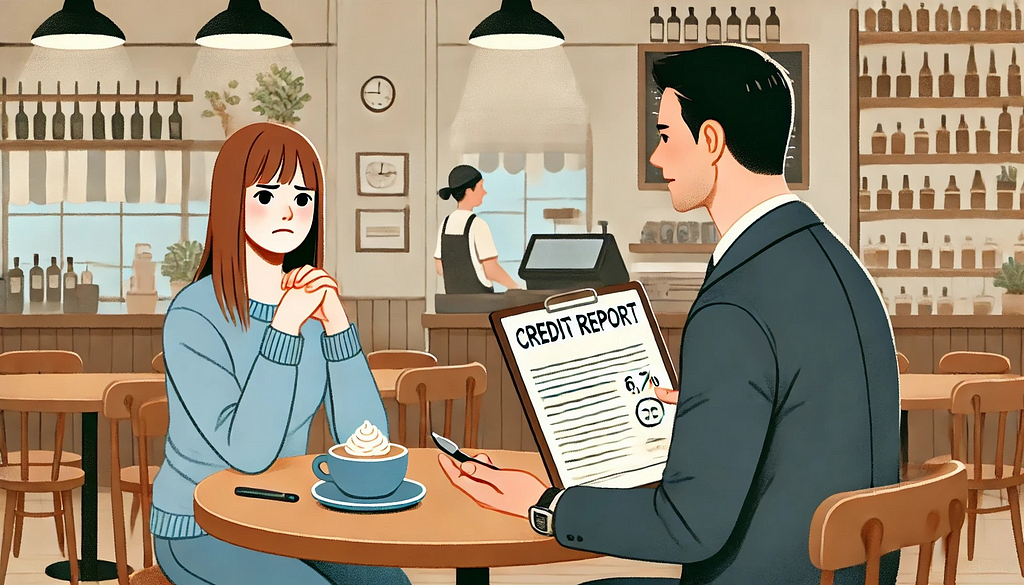 A man and a woman sitting at a café table having a conversation. The woman looks uncomfortable, and the man is holding a credit report. The background shows a typical café setting