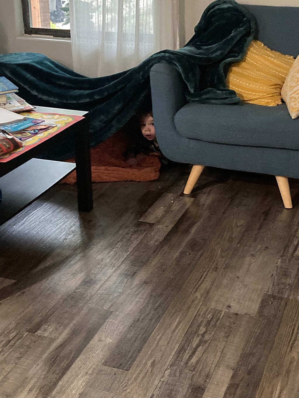 My nephew in his first ever fort — a series of blankets thrown over sofas and tables to create a little den for him.