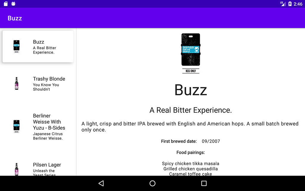 La captura de pantalla de una app que muestra la lista de cervezas, ejecutándose en una tablet Nexus 7. Usa fragments y Jetpack Compose.