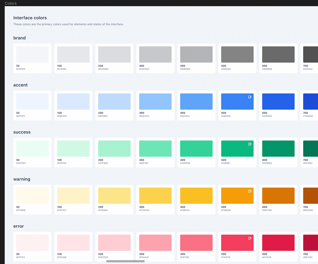 Color style palette — includes shades, hex codes and local naming style.