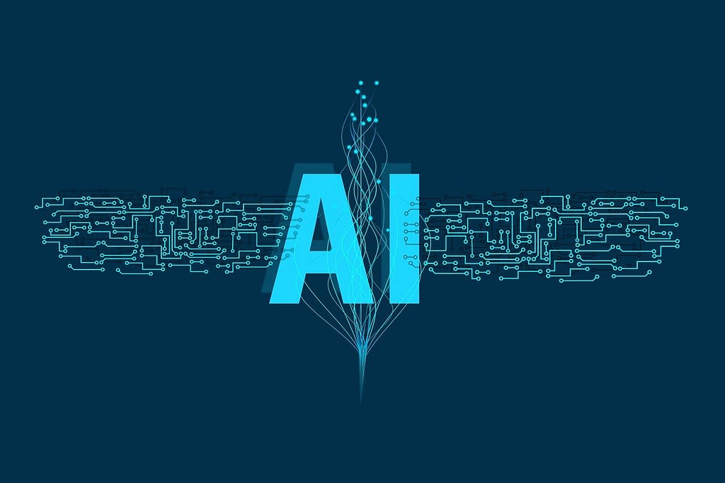 A graphic features the abbreviation “AI” in blue text, displayed centrally and prominently. The letters are surrounded on both sides by circuit board imagery, also in blue. A separate blue flowing graphic rises in the middle of the image over the letters. The image background is dark blue.
