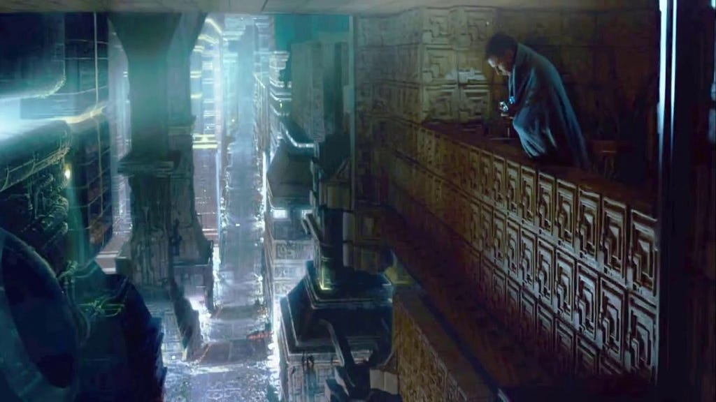 Harrison Ford as Deckard overlooking the streets below his apartment