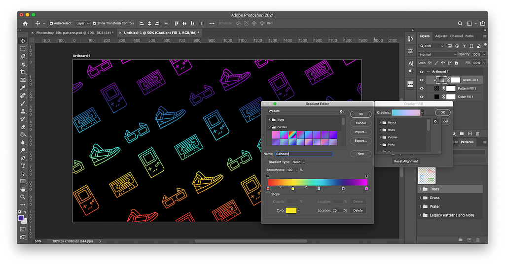 Make your repeating Photoshop pattern pop when you apply a custom gradient to the pattern. Adjust your gradient within the gradient editor and add or subtract as many color stops as you want.