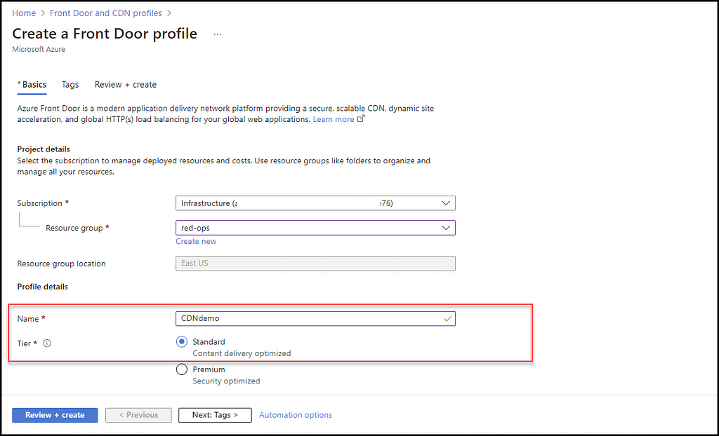 Figure 14 — shows creating the Azure CND Front Door Profile.