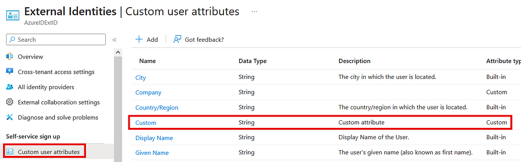 Image showing “Custom” bring added in “Custom user attributes”