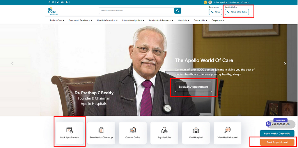 An image of the screenshot of home page of appolo hospitals, where the book appointment button is repeated in multiple places in the home screen