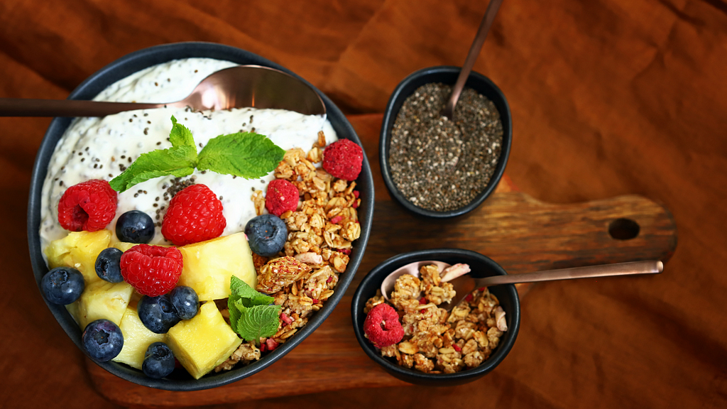 A Breakfast bowl with chia yogurt, berries and fruits For Weight Loss