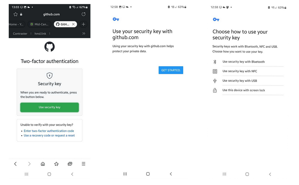 A screen flow showing 3 screens of a smart phone demonstrating use of webauth on GitHub. First “use security key”; then “get started”; then “choose how to use your security key” with options Bluetooth, NFC, USB and “use this device with screen lock.”