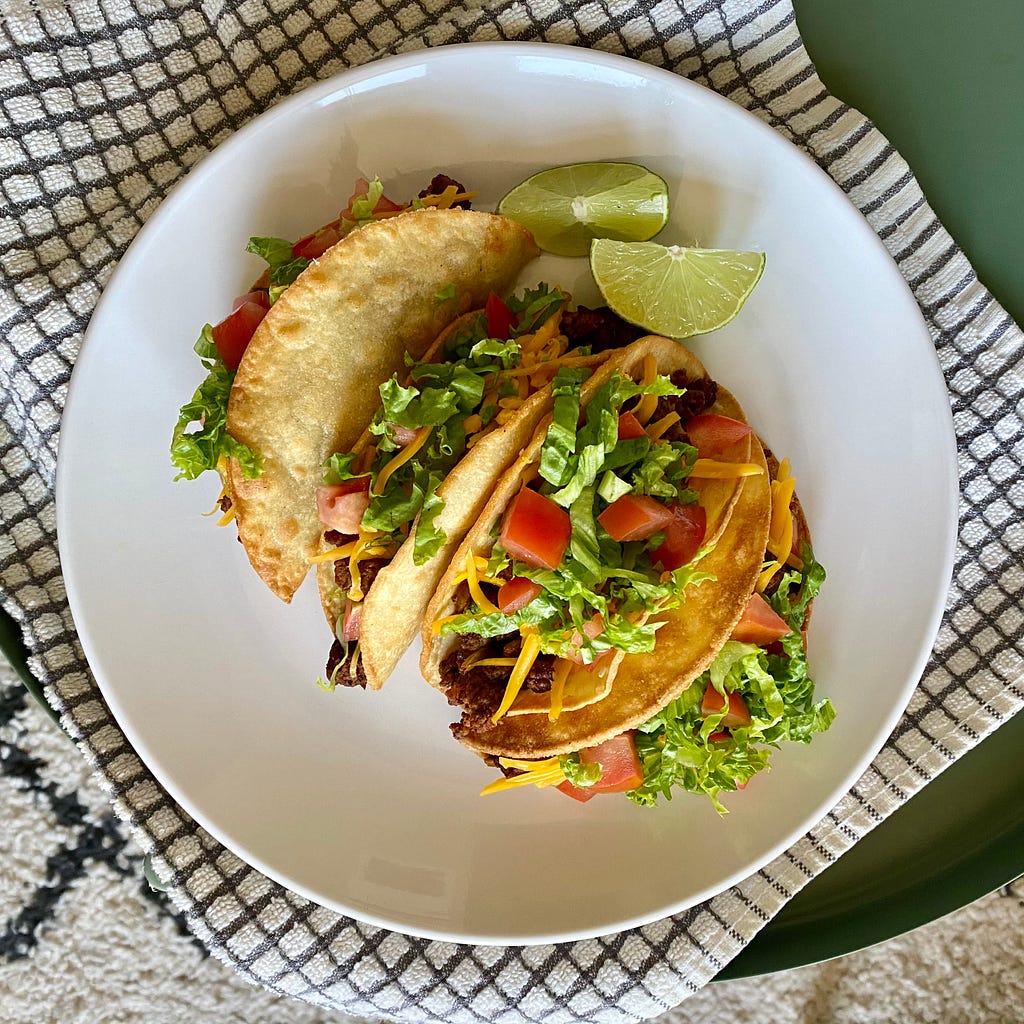 Photo of hard shell tacos by author. of hard shell tacos by author.