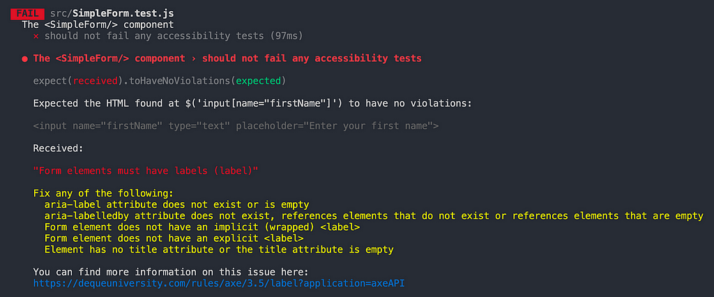 Print do resultado de teste de acessibilidade com o Jest-axe em um arquivo JavaScript.
