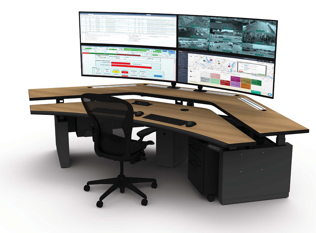 Heavy Duty control console for mining applications, with dual worksurfaces (made out of High Pressure Laminate), featuring height adjustability.