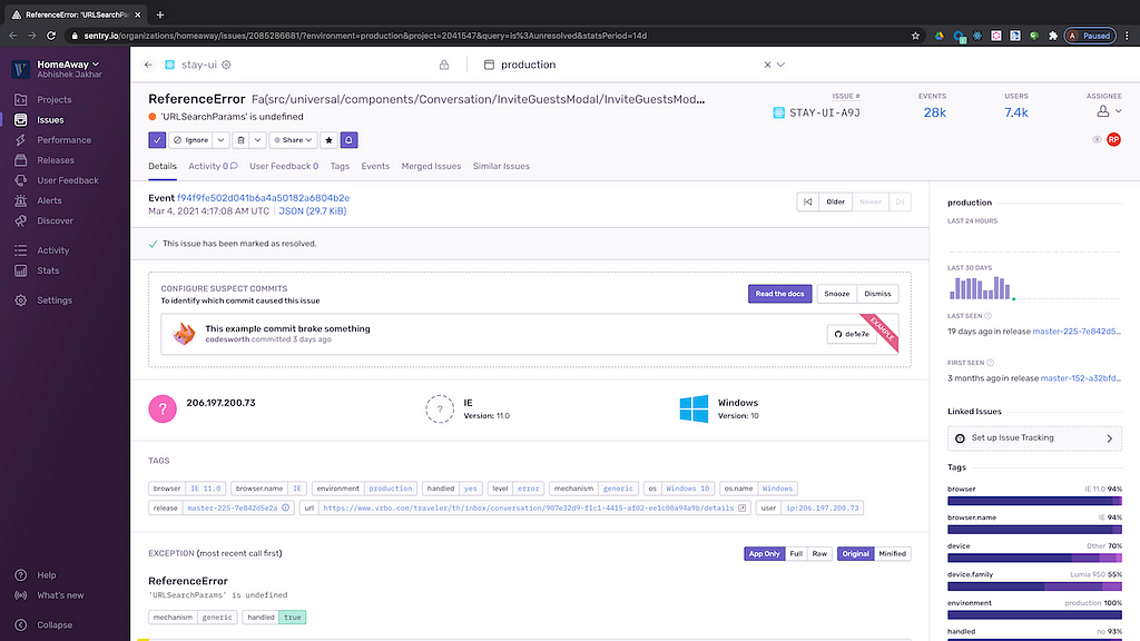 Sentry dashboard showing the detailed information about error in GoG component