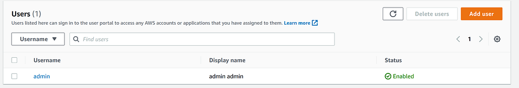 AWS SSO interface were we see a newly created admin user