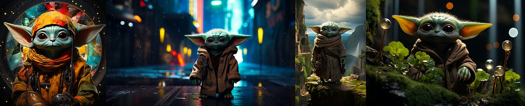 4 different shots of Baby Yoda in Aspect Ratios of 1 to 1, 16 to 9, 2 to 3 and 3 to 2.