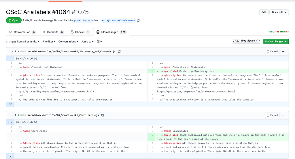 Screenshot of edited code in the pull request