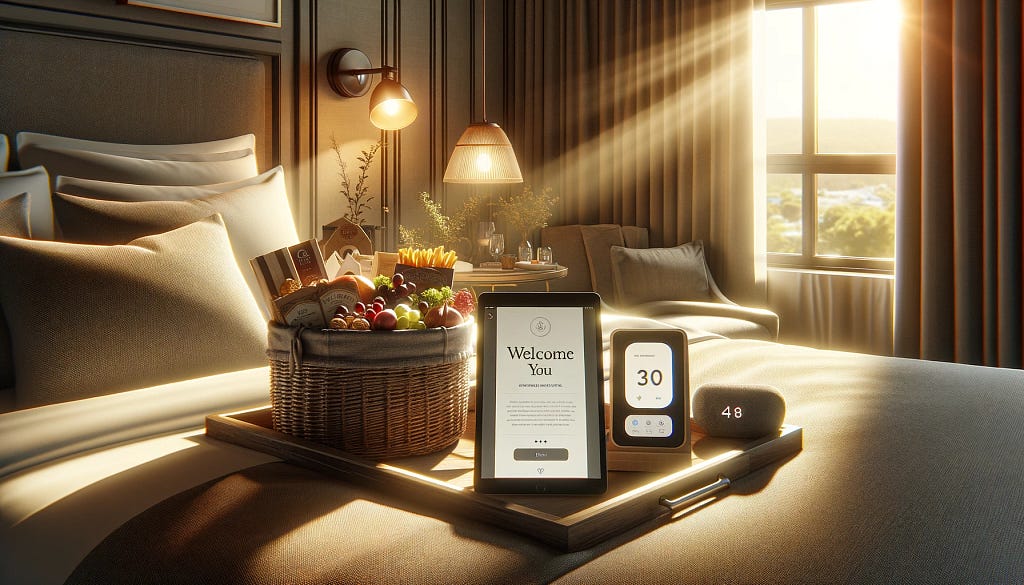 Hotel room with personalized welcome basket, tablet, smart speaker, highlighting AI-driven guest experience.
