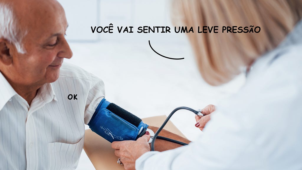 Imagem com meme que contém uma foto de um idoso tendo sua pressão aferida por uma enfermeira. Ela diz “você vai sentir uma leve pressão” e ele responde “ok”.