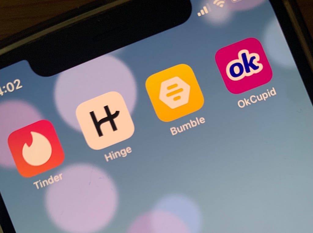 Screenshot of an iOS with icons of Tinder, Hinge, Bumble, and OkCupid apps