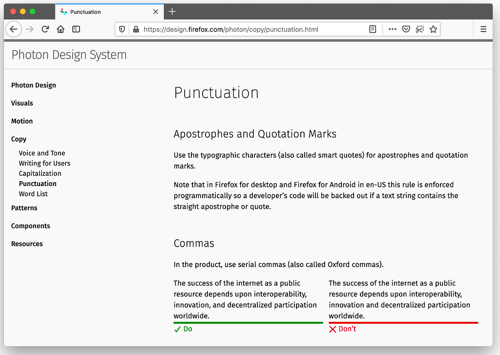 Photo of the punctuation guidelines for the Firefox Photon Design System.