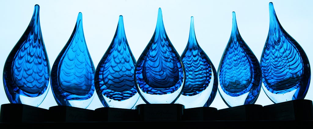 Picture of the National Drinking Water Week award which is in the shape of a blue water droplet.