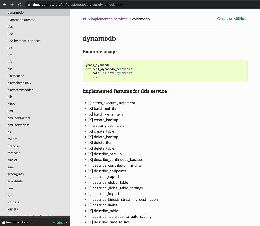 Moto Documentation Screenshot: The full list of Boto3 methods that are available with AWS DynamoDB with the methods available for Moto “X” marked